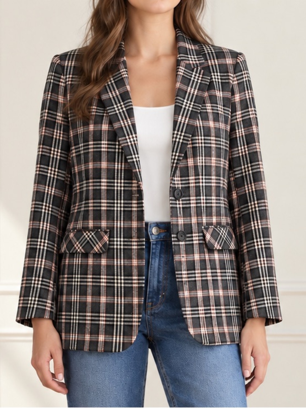 NWT Summum Plaid Blazer Size US 6 EU 38 Black Pink Check Tailored Stretch